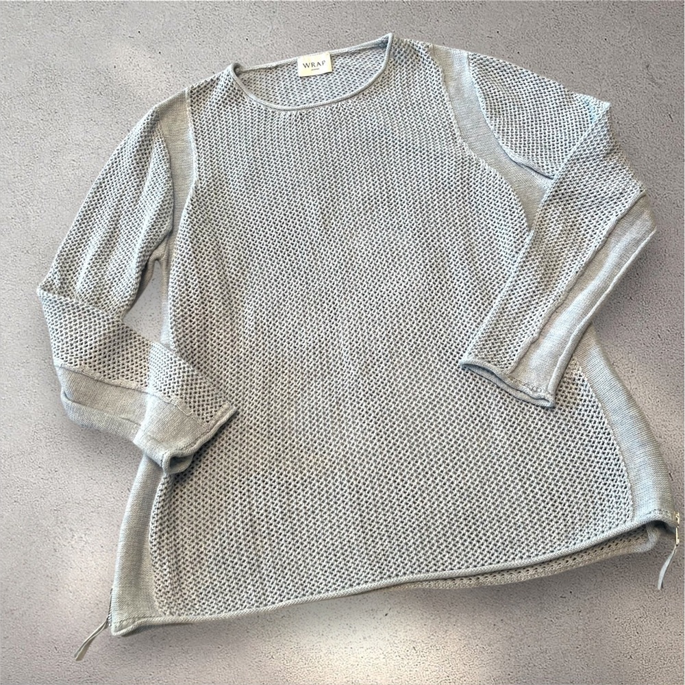 WRAP LONDON Icy Lavender Blue Crochet Crew Neck Sweater, w/ Side Zippers Size 12